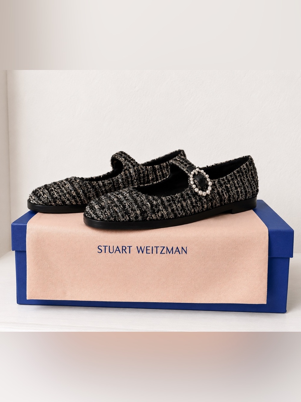 Stuart Weitzman Black Sparkle Tweed Mary Jane Flats Pearl Buckle Accent NIB